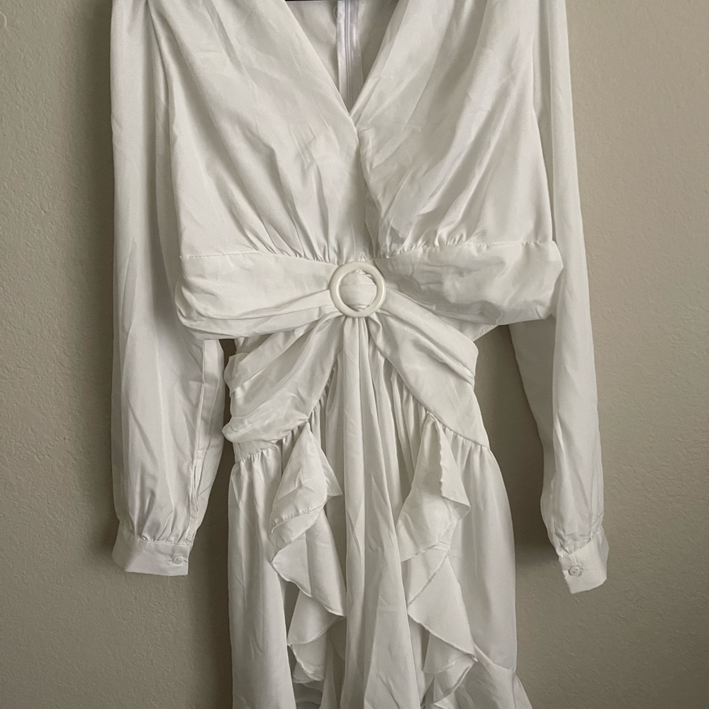 Elegant White Ruffle Dress with side cut out